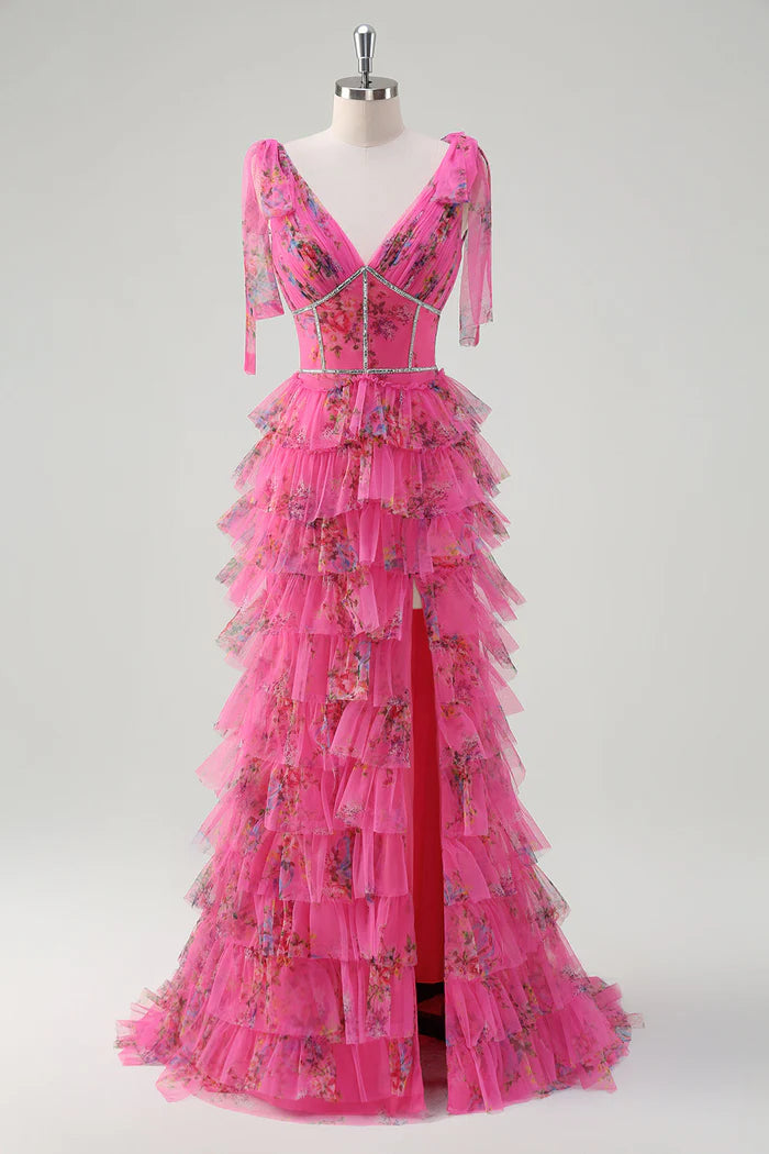 Robe Weitese fuchsia à fleurs, coupe trapèze, en tulle, robe longue, robe de bal, robe de soirée fendue, traîne courte